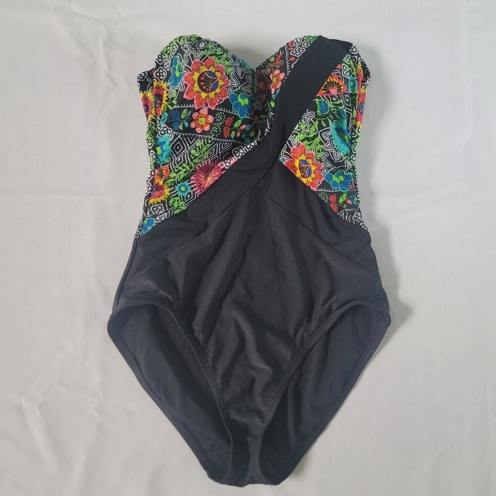 Into The Bleu By Amerex Bathing Suit Floral Black Strapless with Cups Size 8
